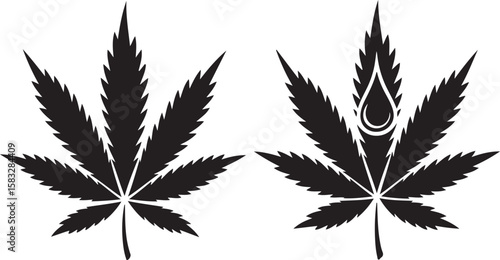 Two black cannabis leaves one with a drop symbol silhouette