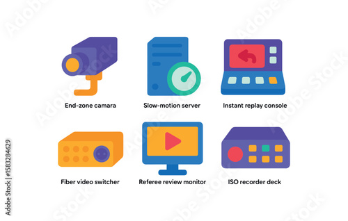 Sports broadcasting equipment illustration with slow-motion camera and replay system