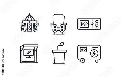Sports broadcasting equipment icons: camera, server, console, switcher, monitor, recorder