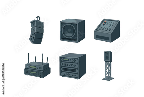 Audio equipment collection: speakers, mixer, receiver, amplifiers, subwoofer