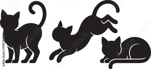 Three black cat silhouettes in different poses on white background