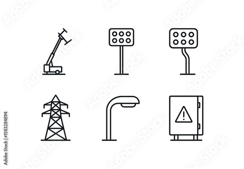 Flat design icons: construction light, traffic signal, street lamp, power box, ladder
