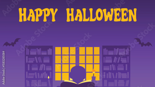 Happy halloween scene with person reading a book by candlelight in front of a window and bookshelves