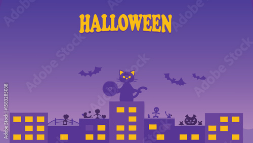 Halloween cityscape with black cat, bats, and costumed figures on building rooftops at night time