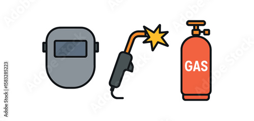 Welding tools illustration with helmet, torch, and gas cylinder