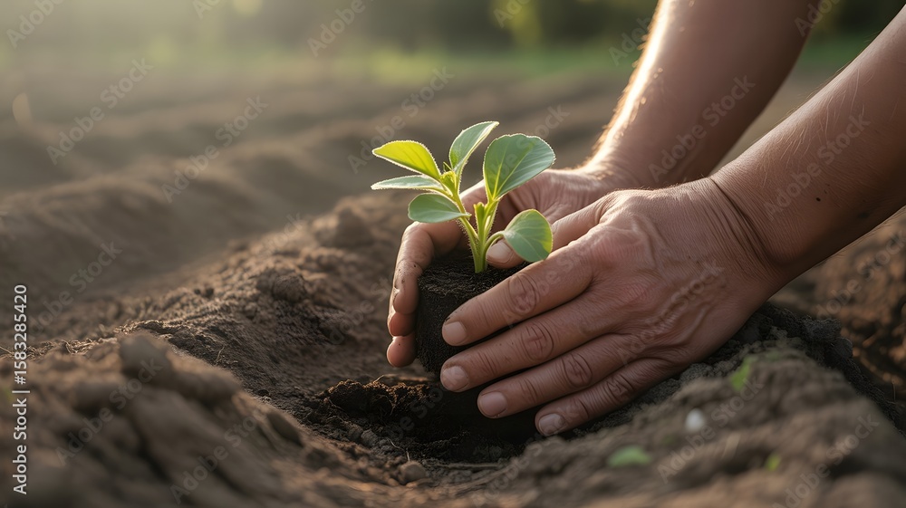 Fototapeta premium A photograph showcasing a pair of weathered hands gently planting small, vibrant green seedlings int