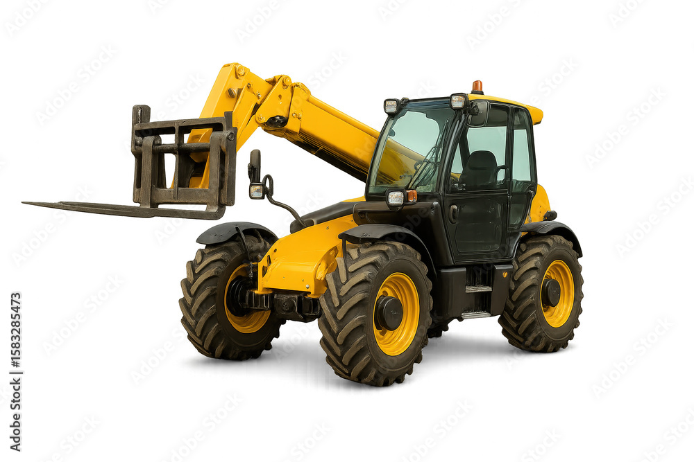 A bright yellow forklift showcases industrial strength, ideal for lifting heavy materials in construction and warehouse environments. A bright yellow forklift showcases industrial strength, ideal for lifting heavy materials in construction and warehouse environments.