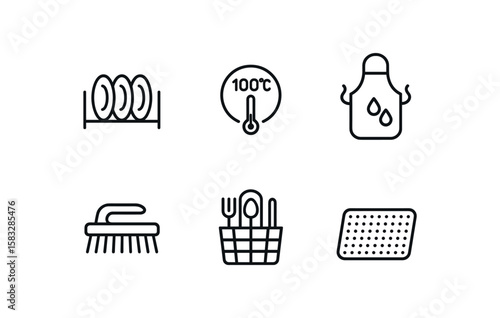 Kitchen hygiene icons: thermometer, apron, dish rack, scrub brush, utensil holder, dish towel