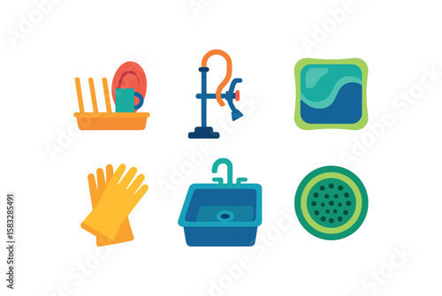 Kitchen cleaning essentials: gloves, sink, faucet, dish rack, drain cover, detergent tablet