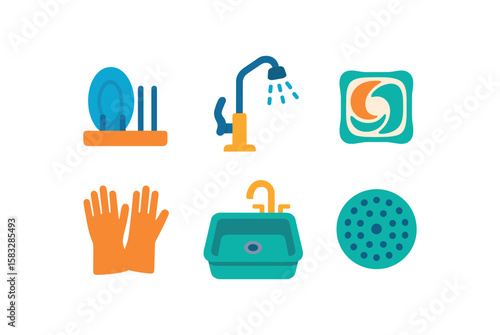 Kitchen cleaning essentials - dish rack, faucet, sponge, gloves, sink, drain