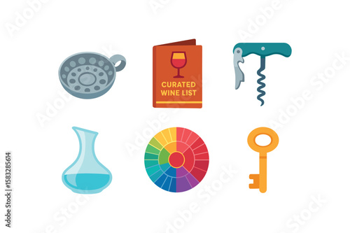Wine accessories collection: corkscrew, decanter, tasting wheel, curated wine list, cork stopper, vintage key