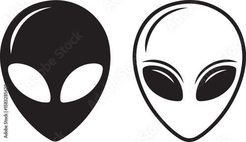 Iconic alien head symbols in black and white silhouette style