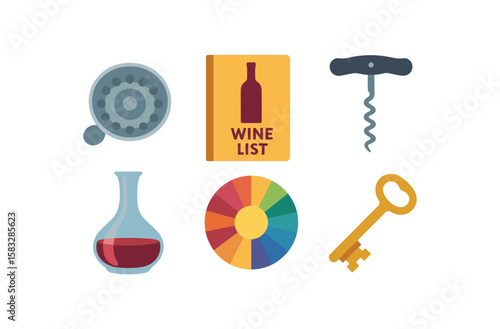 Wine tasting essentials: aerator, wine list, corkscrew, decanter, color wheel, key