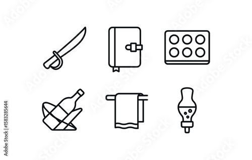 Wine icons: corkscrew, wine list, decanter, color wheel, key, coaster