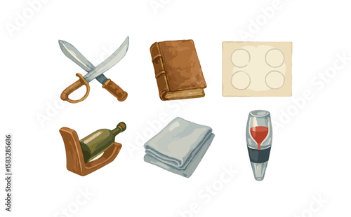 Collection of vintage items including sword, book, cutting board, wine, cloth, decanter