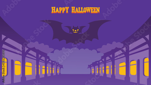 Happy halloween scene with bat over a train station at night with illuminated train cars on the platform