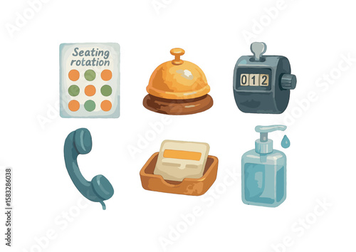 Watercolor hotel objects collection: bell, seating chart, ticket counter, phone, soap, napkins