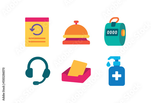 Seating rotation poster, bell, counter, phone, cardholder, soap dispenser icons