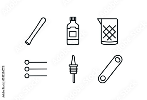Cocktail tools line icons set: muddler, bitters, jigger, skewers, pourer, opener