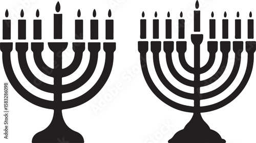 Two black menorah candle holders with lit candles silhouette