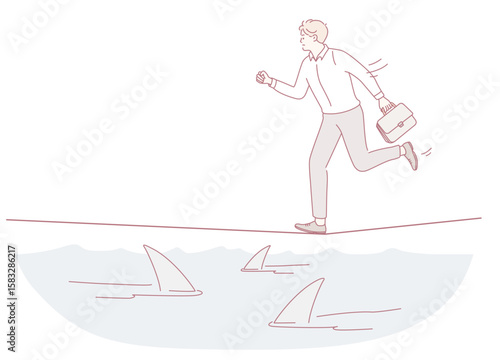 A man in business attire runs nervously on a tightrope above sharks, symbolizing high-stakes challenges.