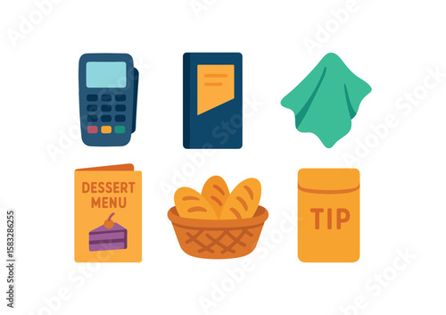 Dining set: payment terminal, check holder, napkin, dessert menu, bread, tip bag