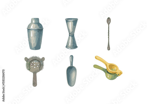Set of line art cocktail tools including shaker and ice scoop