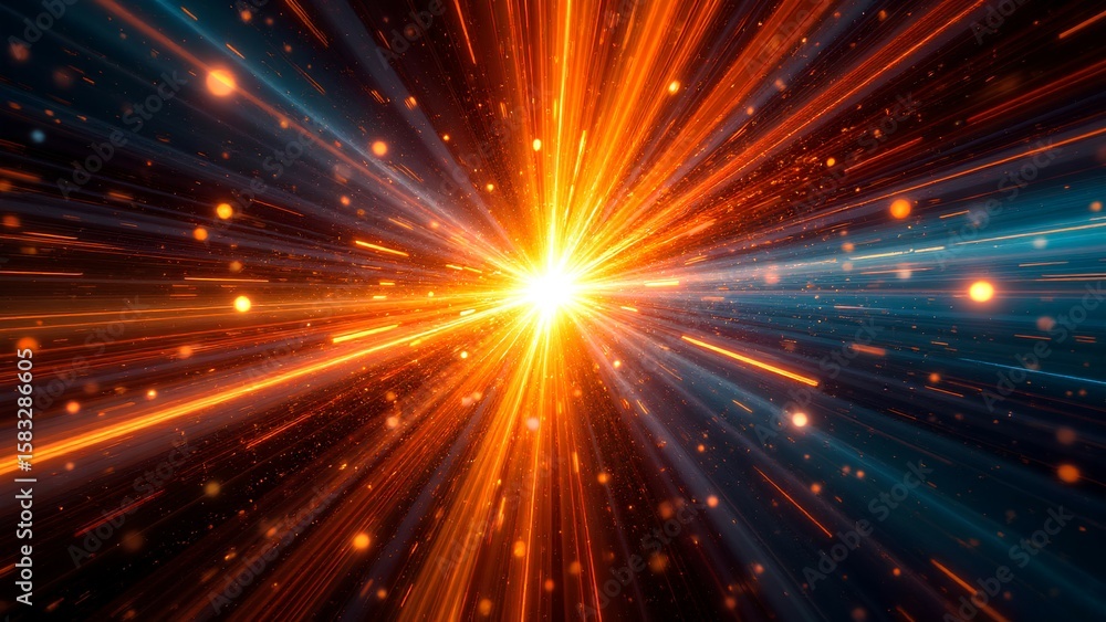 Naklejka premium A radiant burst of orange and blue light streaks outward from a bright central point, creating a dynamic cosmic or energetic explosion effect.