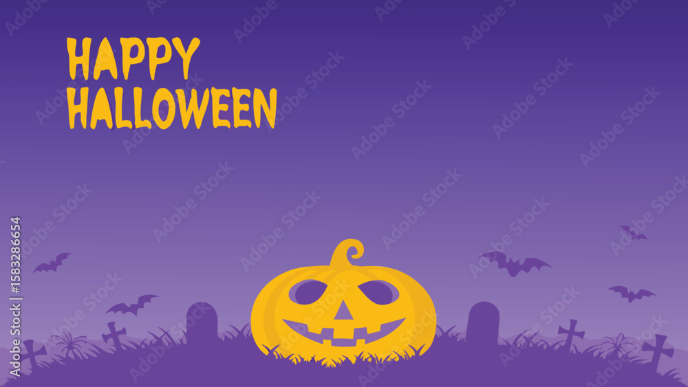 Fototapeta premium Happy halloween scene with pumpkin, bats, and tombstones in a purple graveyard background scene
