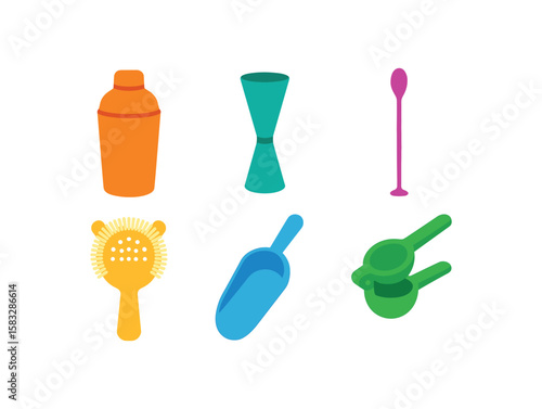 Colorful cocktail bar tools set including shaker, jigger, strainer, spoon, scoop, juicer