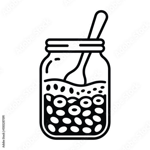 Black and white vector illustration of a jar with beans