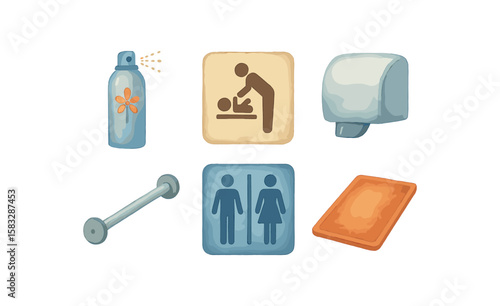 Public restroom icons: diaper changing, deodorizer, heating, grab bar, restroom sign, mat
