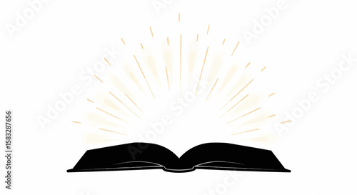 Open book with radiating light beams emanating upwards on a white background illustration style