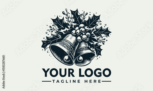 Vintage-style logo featuring two bells adorned with holly and berries, a festive design.