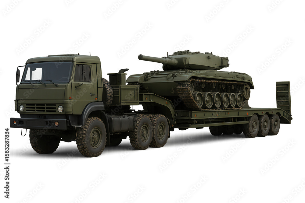 A military truck transporting a tank, showcasing robust construction and tactical design for heavy-duty operations. A military truck transporting a tank, showcasing robust construction and tactical design for heavy-duty operations.