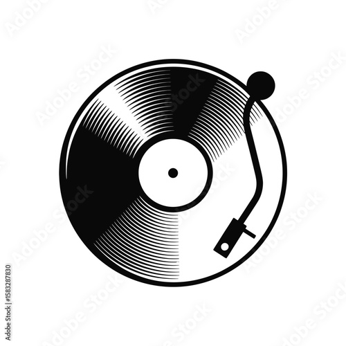 Vintage Vinyl Record Player Icon in Black and White Style