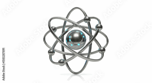 Illustration of a shiny atom model with orbiting electrons on a white background in a science concept