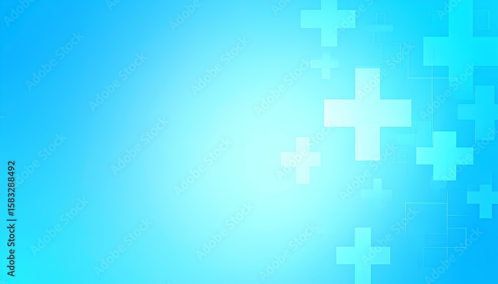 Fototapeta premium Abstract blue background with white plus signs and geometric shapes