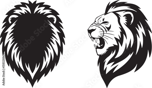 Two stylized lion heads one frontal facing and one profile roaring silhouette