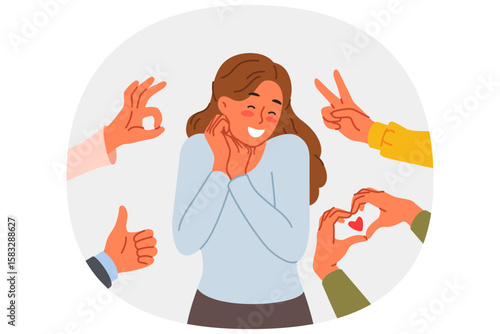 Confused woman receiving public approval and supportive feedback, standing among hands with positive gestures. Approval and love from fans for influencer girl enjoying popularity in society