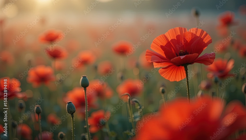 Obraz premium Vibrant red poppies in a field at sunrise.