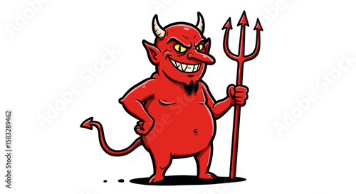 Cartoon Devil with Trident, Red Skin, Horns, and Evil Grin