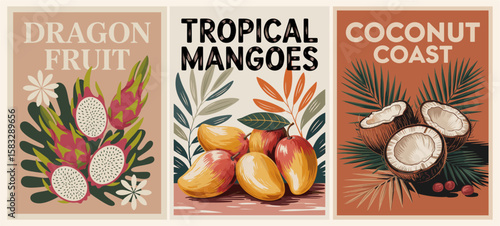 Set of retro fruit market posters in mid-century modern style, featuring tropical fruits like coconut, dragon fruit, and mangoes in bold colors and vintage cut-out design