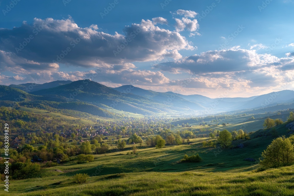 Fototapeta premium Verdant valley landscape with mountains sky and clouds