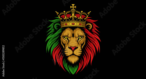 Majestic Lion Head with Crown, Reggae Colors, Black Background