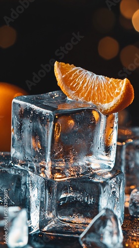 Macro of cocktail ice cube orange slice visible through refraction