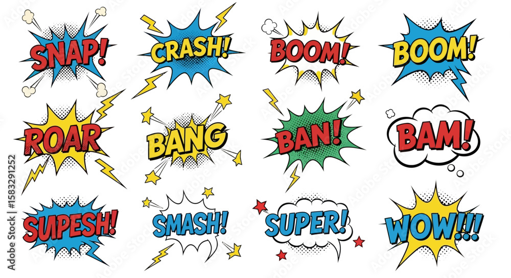Obraz premium Collection of Colorful Comic Book Sound Effects Speech Bubbles