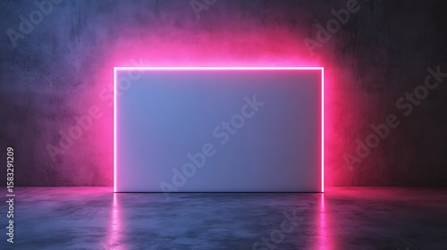 Empty white rectangle illuminated by neon pink and blue light, on a dark concrete floor and wall