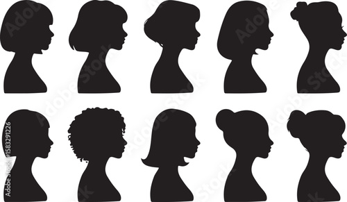 Collection of diverse female head silhouettes with various hairstyles silhouette