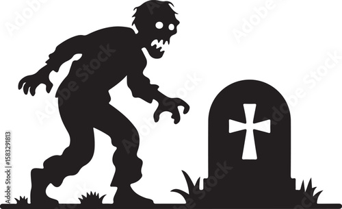 Terrifying zombie emerging from the grave with a tombstone silhouette
